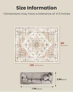 Amada Large 8x10 Washable Area Rug for Living Room, Beige,Vintage Pattern - Image 2