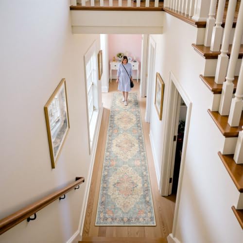 RELEANY Washable Area Rug, Runner 2'6"x14', Blue/Orange/Red - Image 3