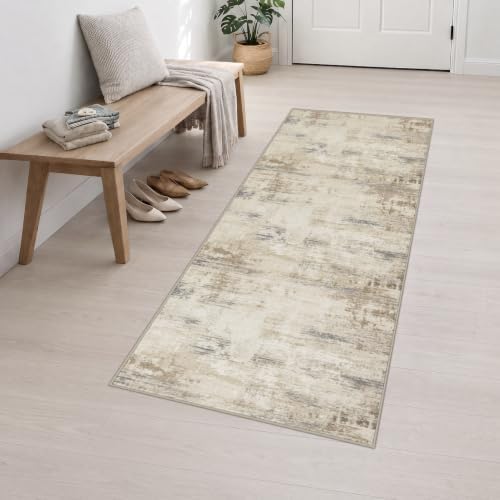 2.6x8 Washable Runner Rug：Modern Abstract Soft Carpet Beige Brown - Image 3