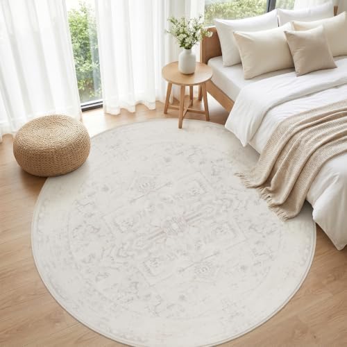 Round Area Rug Living Room: 8ft Washable Carpet Neutral Cream - Image 4