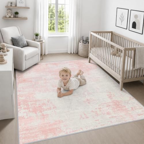 Area Rug Living Room: 6x6 Modern Washable Soft Carpet Pink White - Image 5