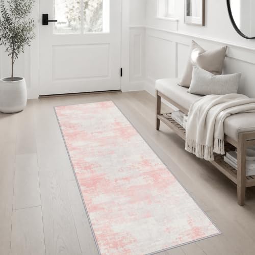 2x6 Washable Runner Rug：Modern Abstract Soft Carpet Pink White - Image 3