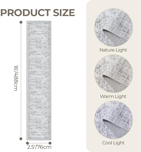 2'6 x 16' Runner Rug Non Slip,Washable Kitchen Rugs,Grey - Image 2