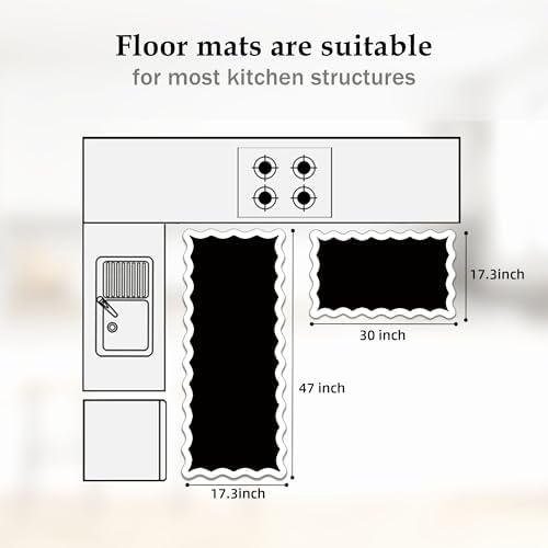 Arenarug Scalloped Kitchen Mats for Floor, Black White Kitchen Rug Set of 2 - Image 2