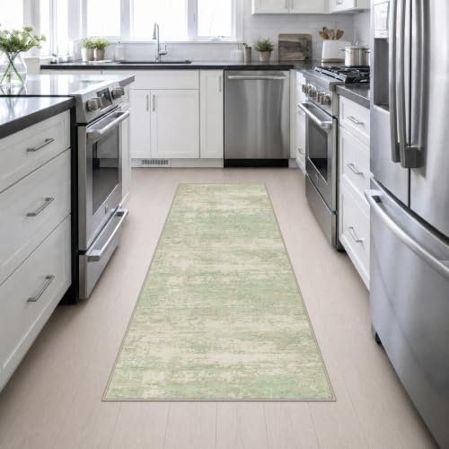 2.6x8 Washable Runner Rug：Modern Abstract Soft Carpet Green Cream - Image 4
