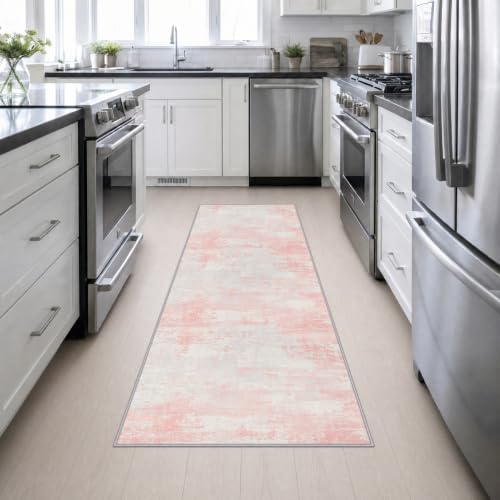 2.6x8 Washable Runner Rug：Modern Abstract Soft Carpet Pink White - Image 4