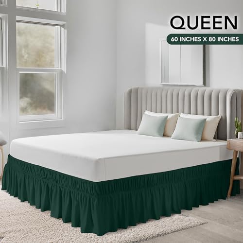 Wrap Around Queen Bed Skirt, Easy Fit Elastic Belt, 16 Inch Drop, Emerald - Image 2