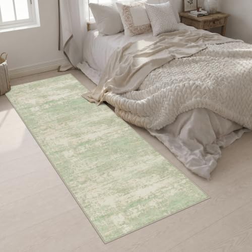 3x10 Washable Runner Rug：Modern Abstract Soft Carpet Green Cream - Image 4