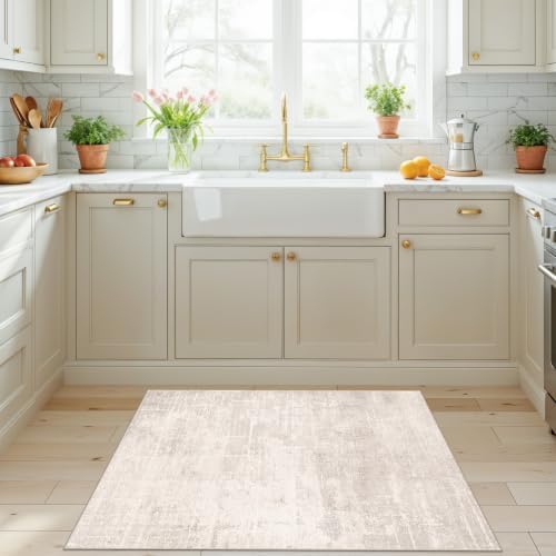 Washable 3x4 Kitchen Area Rugs: Abstract Stain-Resistant Sink Rug Non-Slip Durable Doormat Ultra Soft Bedroom Nursery Besides Carpets Indoor Water Resistant Bathroom Floor Mat(3x4,Beige/Cream) - Image 6