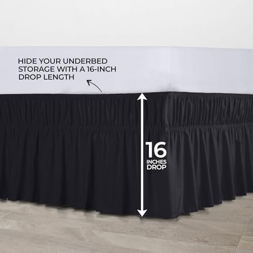 Wrap Around King Bed Skirt, Easy Fit Elastic Belt, 16 Inch Drop, Black - Image 6