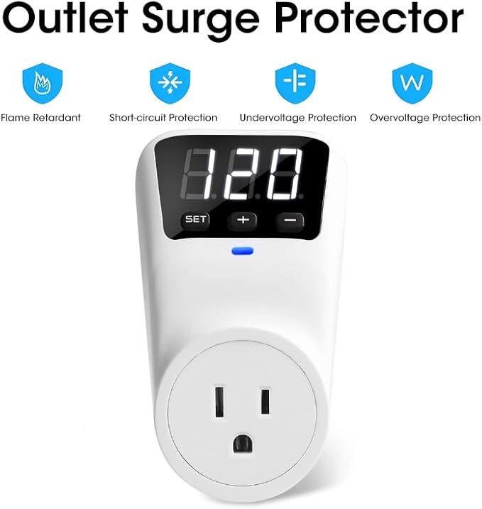 Surge Protector Voltage Stabilizers - Fireproof UL94V-1 Wall Mount Surge Protector Outlets for Refrigerator TV Appliances Real-Time Monitoring & Custom Voltage 80V-140V, 15A, 120V, 1800J,2 Pack