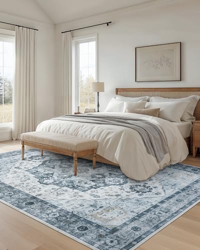 Amada Large 8x10 Washable Area Rug for Living Room, Ivory/Blue, Vintage - Image 3