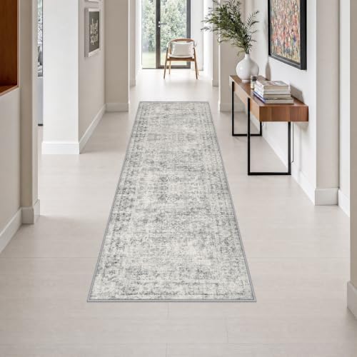 2.6x8 Washable Runner Rug：Modern Abstract Soft Carpet Black Grey by FXRHLP