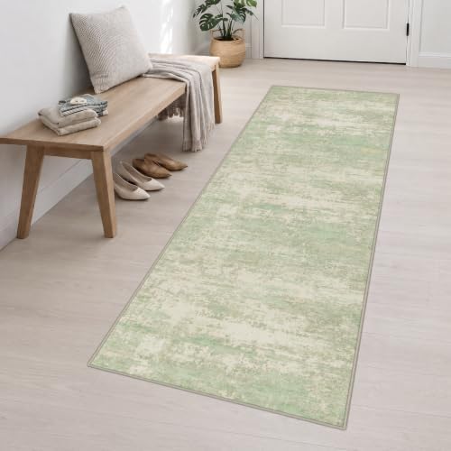 3x10 Washable Runner Rug：Modern Abstract Soft Carpet Green Cream - Image 3