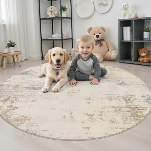 Round Area Rug Living Room: 5 ft Modern Washable Indoor Carpet - Image 3