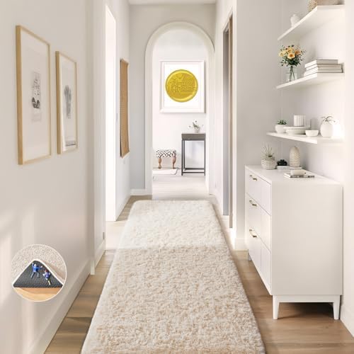 Ophanie Runner Rug for Hallway, 2x7 Washable Non-Slip Fluffy Soft Bedside Rugs, Bedroom Living Room Shaggy Carpet for Kids Girls Boys Dorm Nursery Decor Aesthetic, Ivory with Over 99 pcs Pile fibers by Ophanie