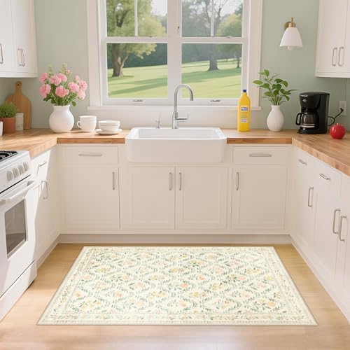 PLHXFR 2x3 Small Entryway Rug: Floral Washable Indoor Carpet Beige Multi - Image 4