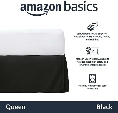 Amazon Basics Lightweight Pleated Bed Skirt, Machine Washable, Wrinkle and Fade Resistant, Queen, Black - Image 2