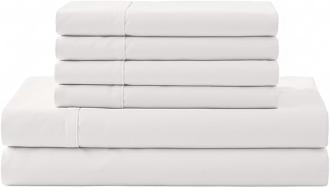 Linen Home 100% Cotton Percale Sheet Set, King Size, White, Deep Pocket, 6 Pieces Set - 1 Flat, 1 Deep Pocket Fitted Sheet and 4 Pillowcases, Crisp Cool and Strong Bed Linen
