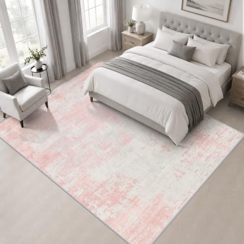Area Rug Living Room: 8x8 Modern Washable Soft Carpet Pink White - Image 3