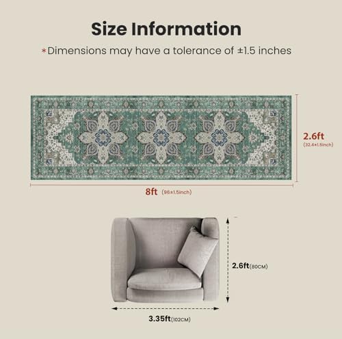 Amada 2'6"x8' Washable Runner Rug for Hallway, Dark/Green, Vintage Style - Image 2
