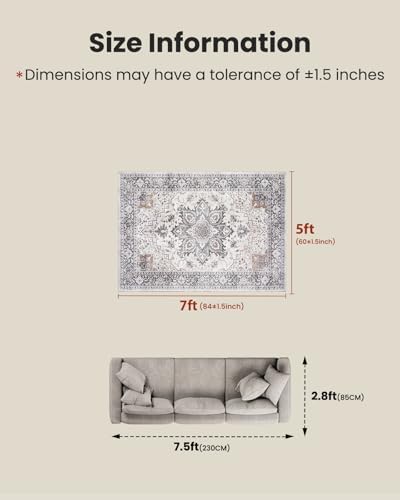 Amada 5x7 Washable Area Rug for Living Room, Taupe, Boho Vintage Pattern - Image 2