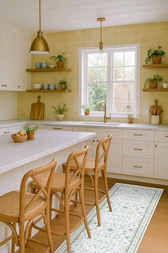 Hazo Haus Washable Oushak Bathroom Runner Rug 2x5 - Eclectic Boho Floral Pastel, Non Slip Low Pile Stain Resistant Small Throw Rug for Bedroom, Laundry Room, Powder Room, Cream Green - Image 3