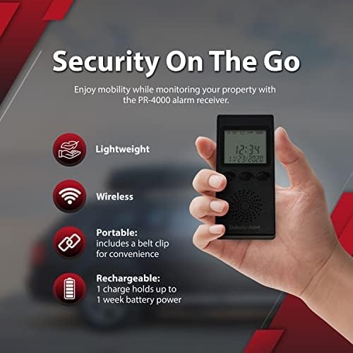 Wireless Driveway Alarm Portable Receiver PR-4000 - Compatible with Dakota Alert 4000 Transmitters | Battery-Powered Monitor Comes with USB Charger & Belt Clip, Driveway Alarms Wireless