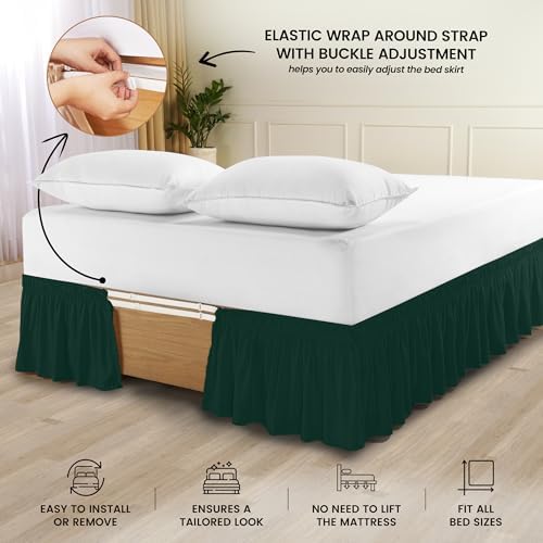 Wrap Around Queen Bed Skirt, Easy Fit Elastic Belt, 16 Inch Drop, Emerald - Image 3