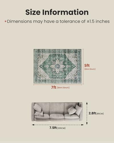 Amada 5x7 Washable Area Rug for Living Room, Dark/Green, Vintage - Image 2