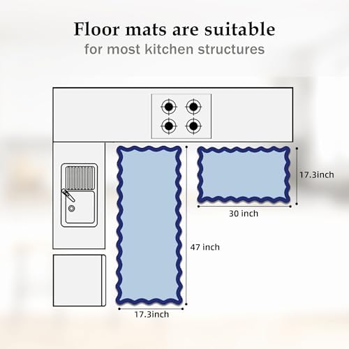 Arenarug Scalloped Kitchen Mats for Floor, Navy Blue Kitchen Rugs Set of 2 - Image 2