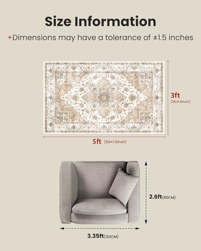 Amada 3x5 Washable Area Rug for Bedroom, Beige, Vintage Pattern - Image 2