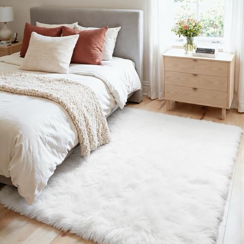4x6 Fluffy Shag Area Rugs for Living Room Bedroom: Soft Plush Carpet White - Image 3