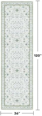 Hazo Haus Oushak 3x10 Wide Hallway Runner Rug - Vintage Turkish Floral, Washable Low Pile Non Slip 10ft Long Runners for Kitchen, Hall Way - Light Blue and Green - Image 2