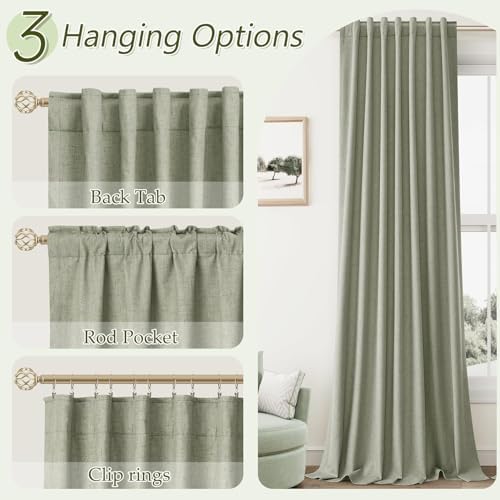 Guken Extra Long 100% Blackout Sage Green Linen Curtains 105 Inches - Image 6