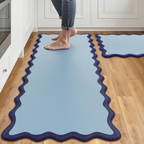 Arenarug Scalloped Kitchen Mats for Floor, Navy Blue Kitchen Rugs Set of 2 by ArenaRug