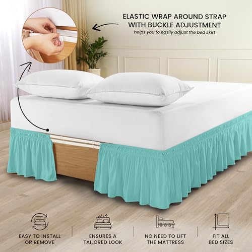 Wrap Around Queen Bed Skirt, Easy Fit Elastic Belt, 16 Inch Drop, Spa Blue - Image 4