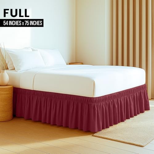 Wrap Around Queen Bed Skirt, Easy Fit Elastic Belt, 16 Inch Drop, Burgundy - Image 2