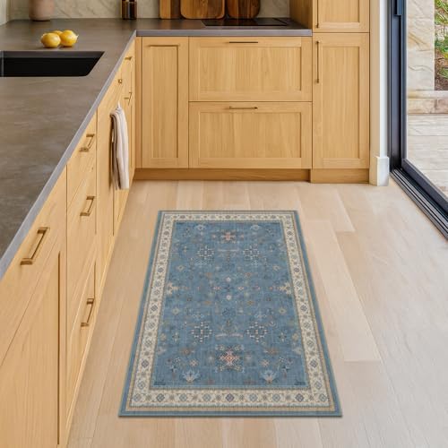 Blue 2x3 Washable Rug for Entryway Indoor, Kitchen Floor Waterproof, Bathroom, Powder Room, Non Slip Low Pile Stain & Fade Resistant, Modern Eclectic Floral Decor - Image 6