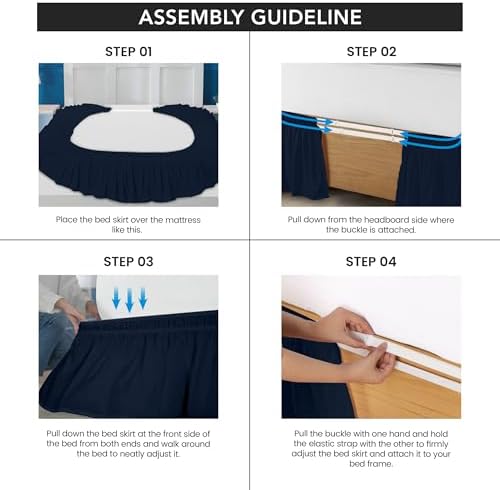 Wrap Around Queen Bed Skirt, Easy Fit Elastic Belt, 16 Inch Drop, Navy - Image 5