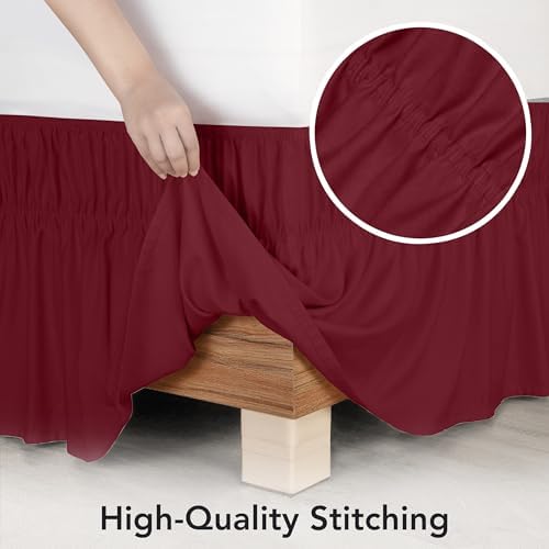 Wrap Around Full Bed Skirt, Easy Fit Elastic Belt, 16 Inch Drop, Burgundy - Image 4