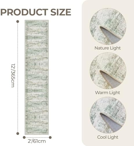 2x12 Runner Rug Non Slip,Washable Hallway Runner Rug,Green - Image 2