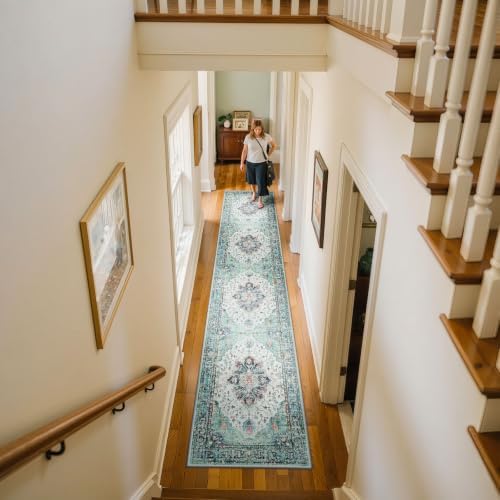 RELEANY Washable Area Rug, Runner 2'6"x12', Teal Green/White/Navy - Image 3