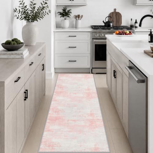 2x6 Washable Runner Rug：Modern Abstract Soft Carpet Pink White by FXRHLP