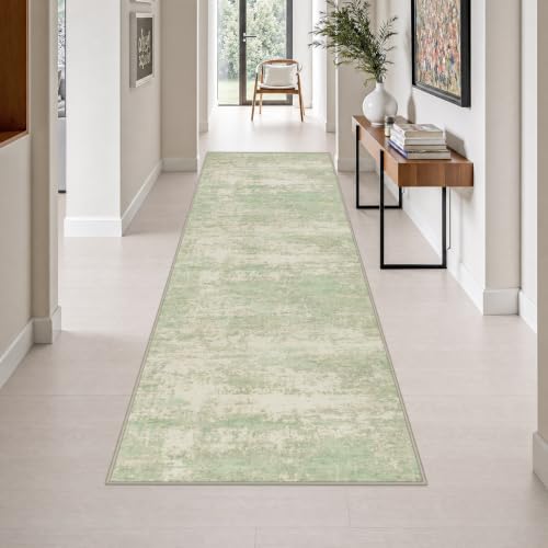 3x10 Washable Runner Rug：Modern Abstract Soft Carpet Green Cream by FXRHLP