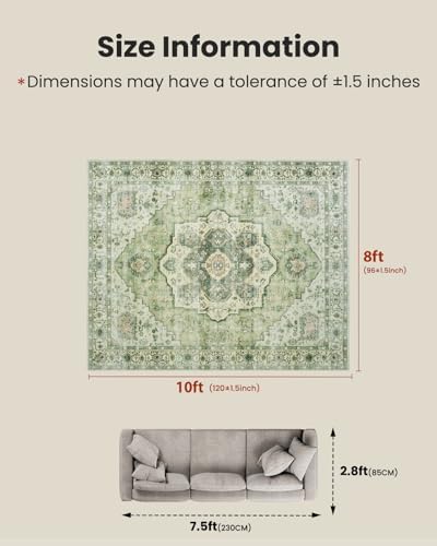 Amada Large 8x10 Washable Area Rug for Living Room, Green, Vintage Style - Image 2