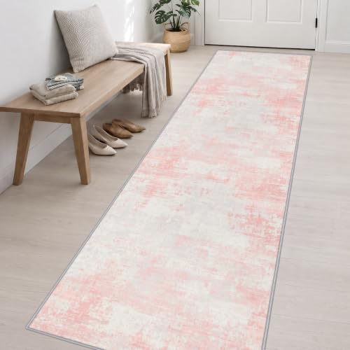 3x14 Washable Runner Rug：Modern Abstract Soft Carpet Pink White - Image 3