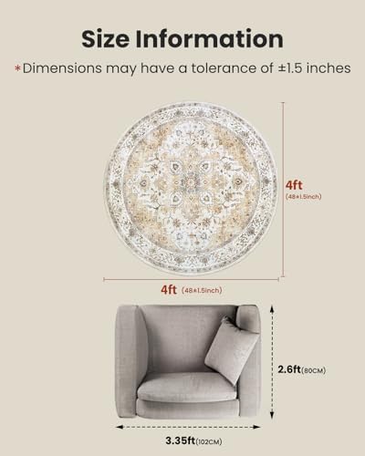 Amada Round 4x4 Washable Area Rug for Living Room, Beige, Vintage Style - Image 2
