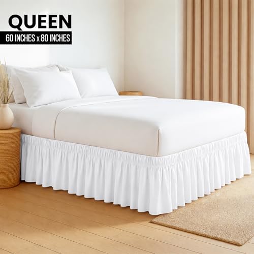 Wrap Around Queen Bed Skirt, Easy Fit Elastic Belt, 16 Inch Drop, White - Image 2