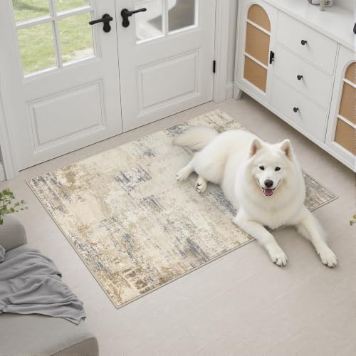 2x3 Washable Entryway Rug: Modern Abstract Soft Carpet Beige Brown - Image 3